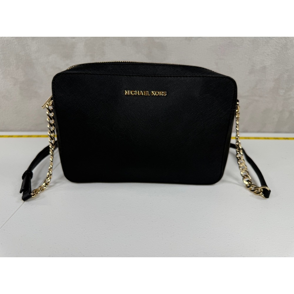 Michael Kors Crossbody Bag Womens Medium Black Saffiano Leather Gold Chain Logo